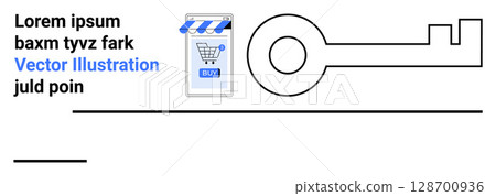Digital shopping cart icon with a BUY button, storefront awning, and a large key symbol. Ideal for online shopping, cybersecurity, e-commerce websites, digital marketing, password management, virtual 128700936