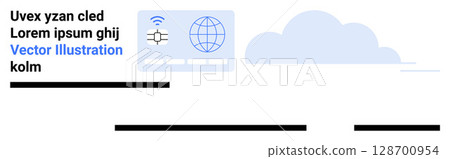 Satellite icon sending signals, globe grid, and cloud element. Ideal for tech blogs, digital marketing, data visualization, web design, app development, networking presentations, educational 128700954
