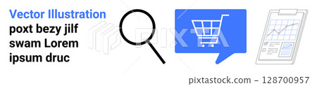 Magnifying glass, chat bubble with shopping cart icon, clipboard with analytics graph. Ideal for e-commerce, shopping, search optimization, analytics, marketing, SEO, online retail. Landing page 128700957