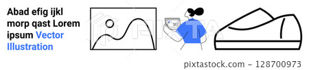 Abstract shapes, person in blue shirt interacting with a tablet, and a minimalistic sneaker outline. Ideal for technology, digital art, user interaction, modern design, minimalism, fashion, creative Abstract shapes, person in blue shirt interacting with a tablet, and a minimalistic sneaker outline. Ideal for technology, digital art, user interaction, modern design, minimalism, fashion, creative 128700973