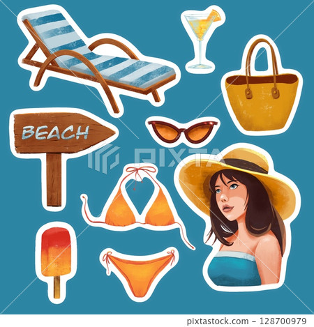 Set of stickers with beach images, sea illustrations for your design Set of stickers with beach images, sea illustrations for your design 128700979