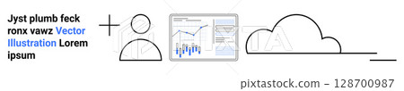 Person icon, plus sign, data analytics screen, and cloud storage symbol. Ideal for teamwork, cloud computing, data visualization, collaborative tools, online storage, tech solutions, business 128700987