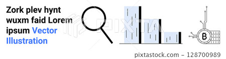 Magnifying glass, bar chart, and Bitcoin symbol elements in blue and black Ideal for data analysis, finance reporting, tech startups, cryptocurrency insights, business growth, performance metrics Magnifying glass, bar chart, and Bitcoin symbol elements in blue and black Ideal for data analysis, finance reporting, tech startups, cryptocurrency insights, business growth, performance metrics 128700989