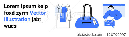 Clothing rack with garments, blue handbag with a tag, man in browser window showing cashback. Ideal for shopping websites, fashion e-commerce, online retail, marketing materials, sales promotion 128700997