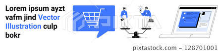 Blue and black shopping cart in a speech bubble, scale with two people in suits holding bags, and laptop with a screen. Ideal for e-commerce, online shopping, balance, decision making, technology 128701001