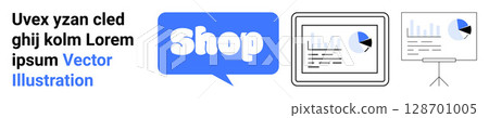 Shop button with analytics on screens and graphs suggesting business, marketing, data analysis, and digital tools. Ideal for e-commerce, marketing, business analytics, presentations, and data Shop button with analytics on screens and graphs suggesting business, marketing, data analysis, and digital tools. Ideal for e-commerce, marketing, business analytics, presentations, and data 128701005