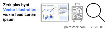 Computer screen with data charts and graphs, travel suitcase with clothes, magnifying glass. Ideal for business, travel planning, analytics, data visualization, research, investigation 128701010