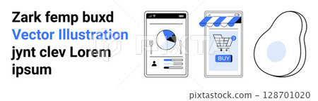Smartphone displaying analytics with pie chart, e-commerce app with shopping cart icon, blue buy button, abstract shape. Ideal for mobile apps, e-commerce sites, business presentations, marketing 128701020