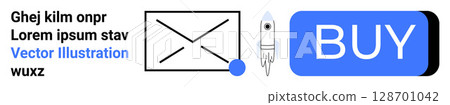 Email envelope, rocket icon, and blue buy button represent online communication, startup, e-commerce, and user actions. Ideal for digital marketing, e-commerce, startups, online services, business Email envelope, rocket icon, and blue buy button represent online communication, startup, e-commerce, and user actions. Ideal for digital marketing, e-commerce, startups, online services, business 128701042