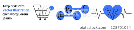 Shopping cart with notification icon, pair of dumbbells, heartbeat sign with leaf inside, and sample text. Ideal for fitness, health, wellness, shopping, online store, exercise, UI features. Landing 128701054
