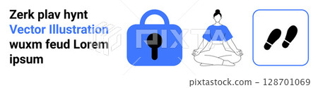 Large blue lock icon, a person meditating in a yoga pose, and a footsteps icon. Ideal for security, mindfulness apps, fitness trackers, lifestyle blogs, mental health, physical wellness, and website 128701069