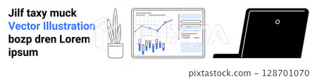 Desk plant, line graph, bar chart, open laptop. Ideal for productivity, work, modern office, business analysis, data presentation, digital workspace, professional environment Landing page 128701070