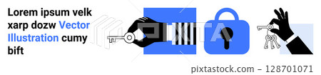 Hand holding key, hand holding keyring, blue padlock. Ideal for security, digital protection, safety, access control, privacy, online services, modern technology concepts. Banner for landing page 128701071