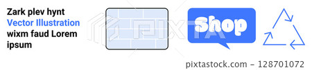Three clean and simple images a brick pattern, a Shop button in a speech bubble, and a recycling symbol Ideal for e-commerce sites, sustainability themes, construction services, digital content Three clean and simple images a brick pattern, a Shop button in a speech bubble, and a recycling symbol Ideal for e-commerce sites, sustainability themes, construction services, digital content 128701072