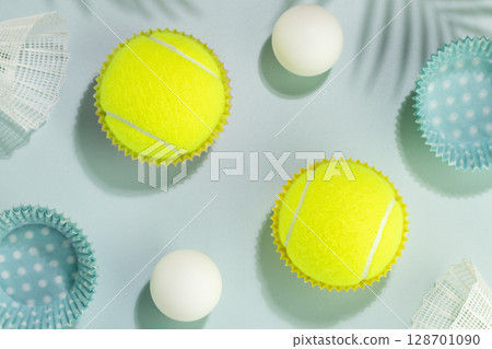 Summer sport activities card with tennis balls, table tennis balls and shuttlecocks on blue background with palm leaves and shadows. Sport and healthy lifestyle. Tennis, table tennis, badminton Summer sport activities card with tennis balls, table tennis balls and shuttlecocks on blue background with palm leaves and shadows. Sport and healthy lifestyle. Tennis, table tennis, badminton 128701090