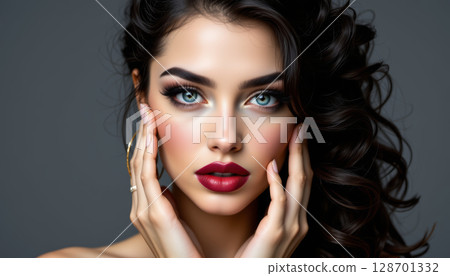 Stunning woman with dark curly hair and striking blue eyes showcases her beauty with bold makeup and captivating expression 128701332
