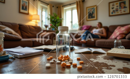 Cozy living room with bottle of pills on wooden table, reflecting moment of contemplation and care 128701333