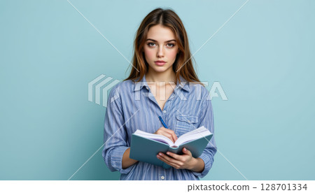 Young woman standing with notebook, writing thoughtfully against light blue background. Her expression reflects concentration 128701334