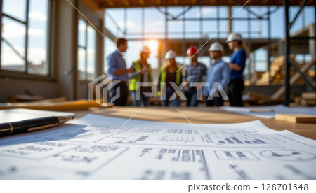Construction team discussing project plans with blueprints on table, showcasing teamwork and collaboration in bright workspace 128701348