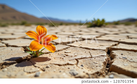 Vibrant orange flower blooms in cracked desert landscape, symbolizing resilience and beauty in harsh conditions 128701354