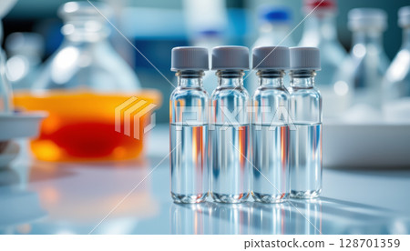 Clear vials filled with liquid stand laboratory setting, showcasing precision and clarity. background features various 128701359