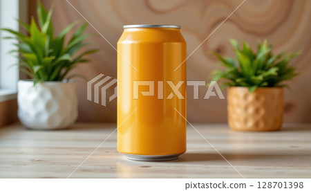 Bright yellow drink can stands on wooden table, surrounded by green plants in decorative pots, creating vibrant atmosphere 128701398