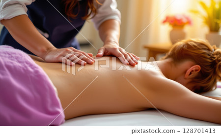 Relaxing massage therapy session with professional providing soothing treatment on woman back 128701413