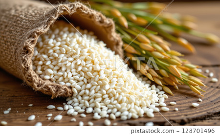 Fresh rice grains spilling from burlap sack, surrounded by rice stalks, creating natural and rustic atmosphere 128701496