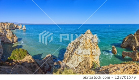 Panorama over cliffs and ocean Algarve coast 128701579
