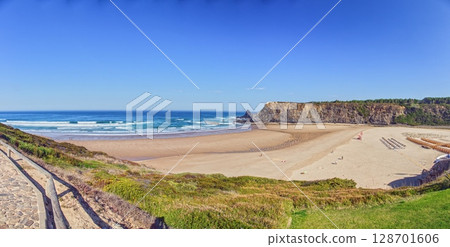 Wide beach with waves and cliffs at Bordeira Wide beach with waves and cliffs at Bordeira 128701606