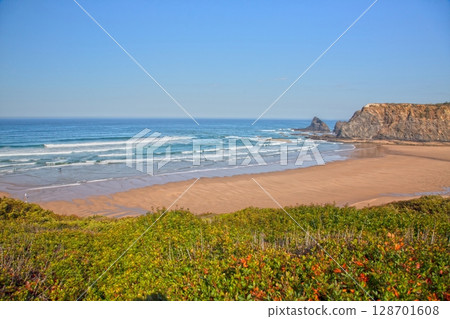 View over Bordeira beach and rocks Portugal View over Bordeira beach and rocks Portugal 128701608