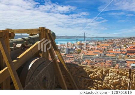 Cannon and city view from Sao Jorge Castle Cannon and city view from Sao Jorge Castle 128701619