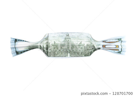 Origami candy made of one hundred dollar banknote on white background Origami candy made of one hundred dollar banknote on white background 128701700