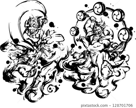 Wind and Thunder Gods ink painting illustration Wind and Thunder Gods ink painting illustration 128701706