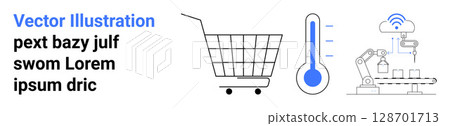 Shopping cart, temperature thermometer, and industrial robotic arm. Ideal for e-commerce, retail tech, automation, smart stores, temperature monitoring, AI in retail, tech logistics. Banner Shopping cart, temperature thermometer, and industrial robotic arm. Ideal for e-commerce, retail tech, automation, smart stores, temperature monitoring, AI in retail, tech logistics. Banner 128701713