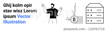 Man gesturing, cryptocurrency symbol linked to blockchain, data server rack. Ideal for fintech, blockchain, cryptocurrency, technology, online security, data management, digital currencies. Landing Man gesturing, cryptocurrency symbol linked to blockchain, data server rack. Ideal for fintech, blockchain, cryptocurrency, technology, online security, data management, digital currencies. Landing 128701718