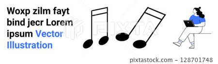 Music notes, text in black and blue, seated woman with laptop. Ideal for music education, online learning, casual design, educational tools, technology integration, user engagement, websites. Landing Music notes, text in black and blue, seated woman with laptop. Ideal for music education, online learning, casual design, educational tools, technology integration, user engagement, websites. Landing 128701748