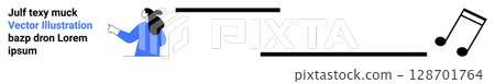 Person pointing at text placeholder, musical note icon, and black lines in minimalist design. Ideal for website design, music blogs, user guides, educational material, presentations, digital 128701764
