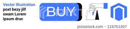 Blue BUY button, hand holding a shopping bag, and a blue geometric symbol. Ideal for e-commerce, online shopping, digital retail, user interface design, website, mobile apps, and marketing 128701807