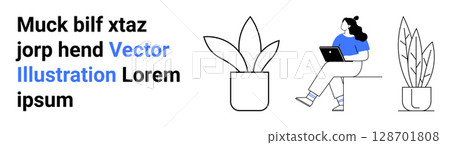 Woman working on laptop next to potted plants and random text elements. Ideal for remote work, productivity, minimalist design, modern lifestyle, tech, plant decor, landing page 128701808