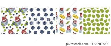 Hand Drawn Mulled Wine and Cinnamon in Glass cup Blueberry and mint Leaves Seamless Patterns Bundle 128701846