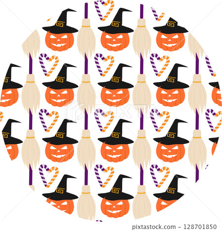 Halloween Pumpkins in Witch Hat Striped Heart Shape Candy Cane and Broom Seamless Pattern on Circle 128701850