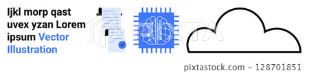 Text elements, a checklist with padlock, neural network on a chip, and cloud icon. Ideal for cybersecurity, AI, machine learning, cloud storage, data management, digital transformation, tech Text elements, a checklist with padlock, neural network on a chip, and cloud icon. Ideal for cybersecurity, AI, machine learning, cloud storage, data management, digital transformation, tech 128701851