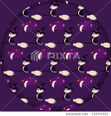 Witch Snake Flying on Broomstick in the Sky with Clouds and Stars Pattern Circle Paper Cut Backdrop 128701852