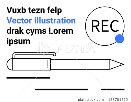 Pen icon, recording circle with dot, and text. Ideal for blogs, educational materials, apps, presentations, marketing, websites, social media. Black, white, and blue elements Clean minimal design 128701853