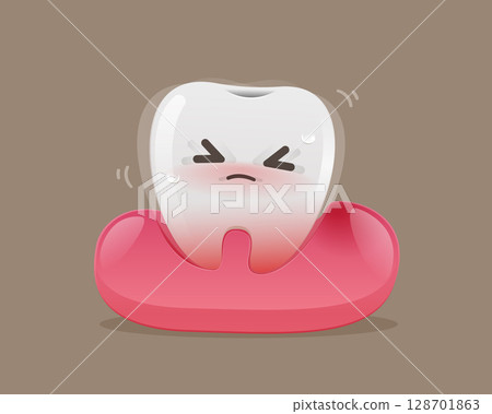 A cartoon of a wobbly and weak tooth in the gum. A cartoon of a wobbly and weak tooth in the gum. 128701863