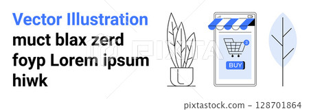 Potted plant, smartphone with BUY button, and abstract leaf. Ideal for e-commerce, online shopping, digital marketing, website banners, social media, app interfaces, and business presentations 128701864