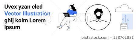 Female working on a laptop, user profile icon, and cloud storage symbol. Ideal for remote work, technology, data storage, user management, team collaboration, digital tools, online productivity Female working on a laptop, user profile icon, and cloud storage symbol. Ideal for remote work, technology, data storage, user management, team collaboration, digital tools, online productivity 128701881