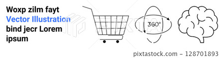 Black and white icons include a shopping cart, a 360-degree rotation symbol, and a brain. Text in blue and black contrasts with the minimal design. Ideal for e-commerce, innovation, or tech themes Black and white icons include a shopping cart, a 360-degree rotation symbol, and a brain. Text in blue and black contrasts with the minimal design. Ideal for e-commerce, innovation, or tech themes 128701893