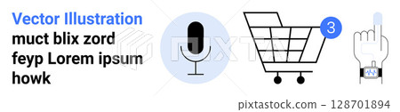 Microphone, shopping cart with notification, and smartwatch. Ideal for tech, e-commerce, smart devices, digital communication, online shopping, notifications, user interface themes. Landing page 128701894